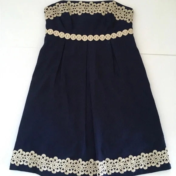 Lilly Pulitzer Betsy Navy & Gold Strapless Dress Size 6 EUC - Picture 2 of 4